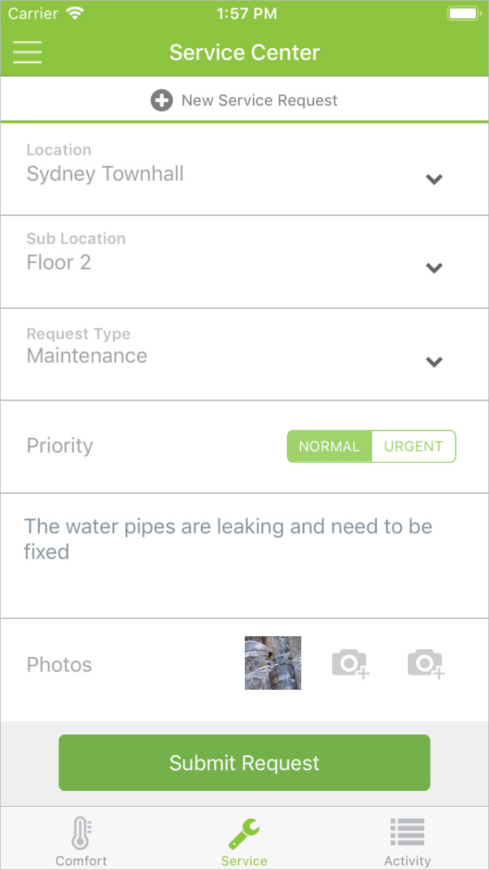 Enter a maintenance service request in seconds with the BuildingIQ mobile app.